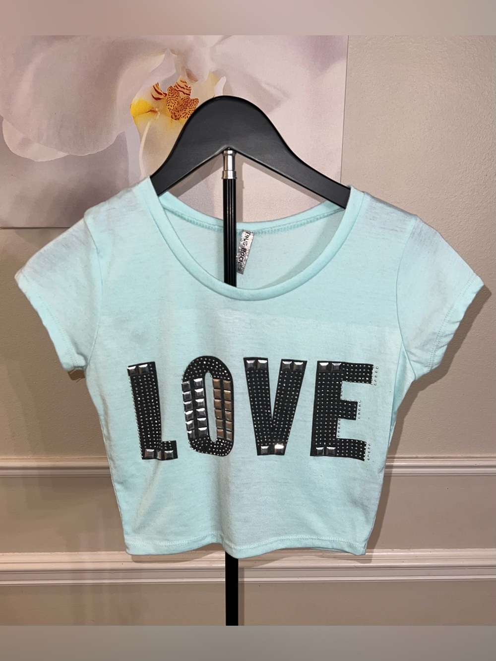 Women’s Baby Blue Crop Top with ‘LOVE’ in Rhinestones! Size Medium.